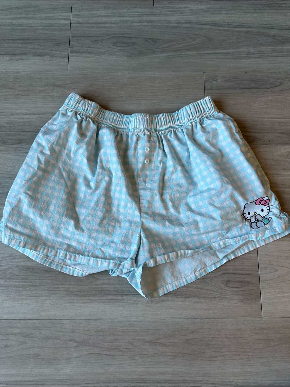 Hello Kitty Gingham Shorts with Embroidered Hello Kitty Light Blue Size XL
